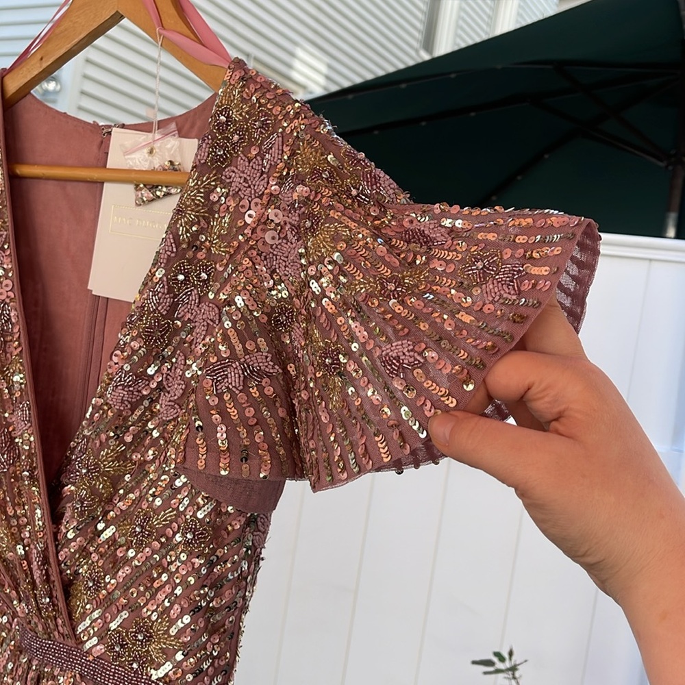 Mac Duggal - Purple Embellished Faux Wrap Flutter Sleeve Dress Size 8 - Picture 8 of 17